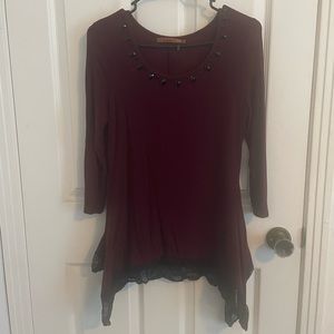 Bellini Red Shirt with Black Lace Trim